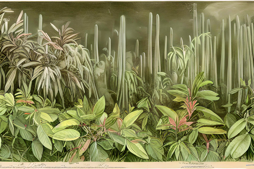 “Prompt: Uma gravura naturalista de Margaret Mee de uma floresta atlântica com Mimosas e gigantescos cactos ‘nigger head’ (Echinocactus polycephalus), depois de Martius” (imagem criada com inteligência artificial), da série “Botannica Tirannica”, 2023, Giselle Beiguelman (Foto: cortesia da artista)