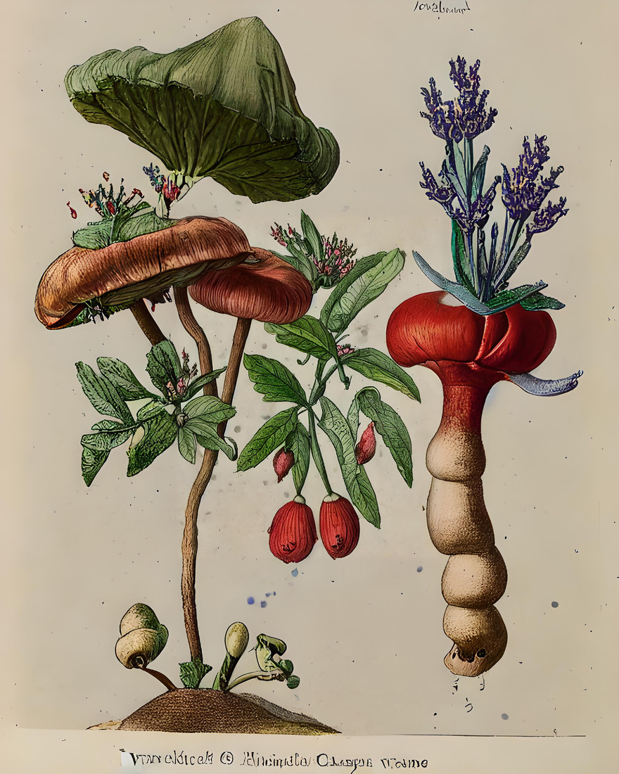 “Prompt: Uma floresta de cogumelos psicotrópicos (Psilocybin mushrooms), cânhamo (Apocynum cannabinum) e flores de Beladona. Ilustração de Basilius Besler, séc. 17, depois de Benedetto Rinio, séc. 15” (imagem criada com inteligência artificial), da série “Botannica Tirannica”, 2023, Giselle Beiguelman (Foto: cortesia da artista)