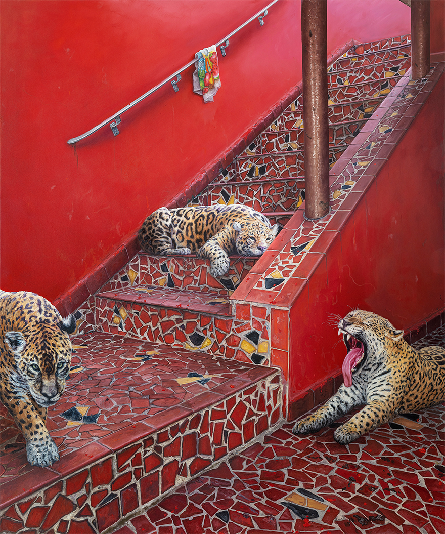 Ana Elisa Egreja, "Escada de caquinhos e onças pintadas", 2023. Óleo sobre tela. (Foto: Filipe Berndt/cortesia Millan)